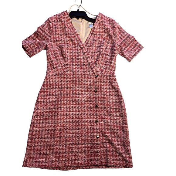 NWT- London Times Womens V-Neck Faux Wrap Houndstooth pink heart Dress - Size 8 - Picture 9 of 16